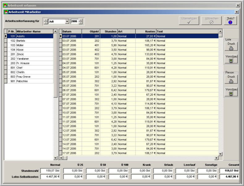 Arbeitszeit Übersicht Mitarbeiter