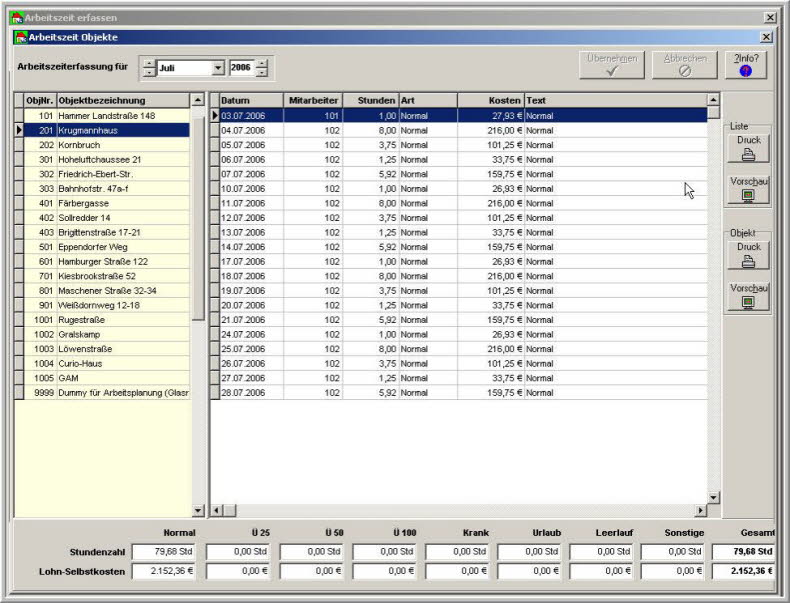 Arbeitszeit Übersicht Objekte