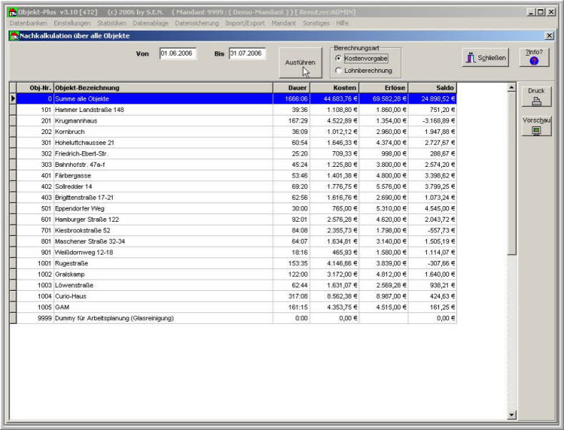 Nachkalkulation alle Objekte
