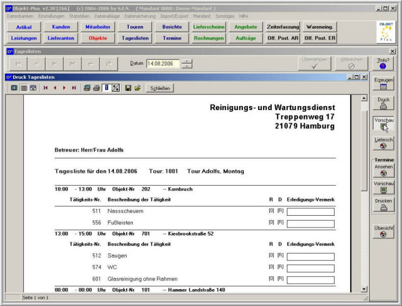 Tageslisten Druckvorschau
